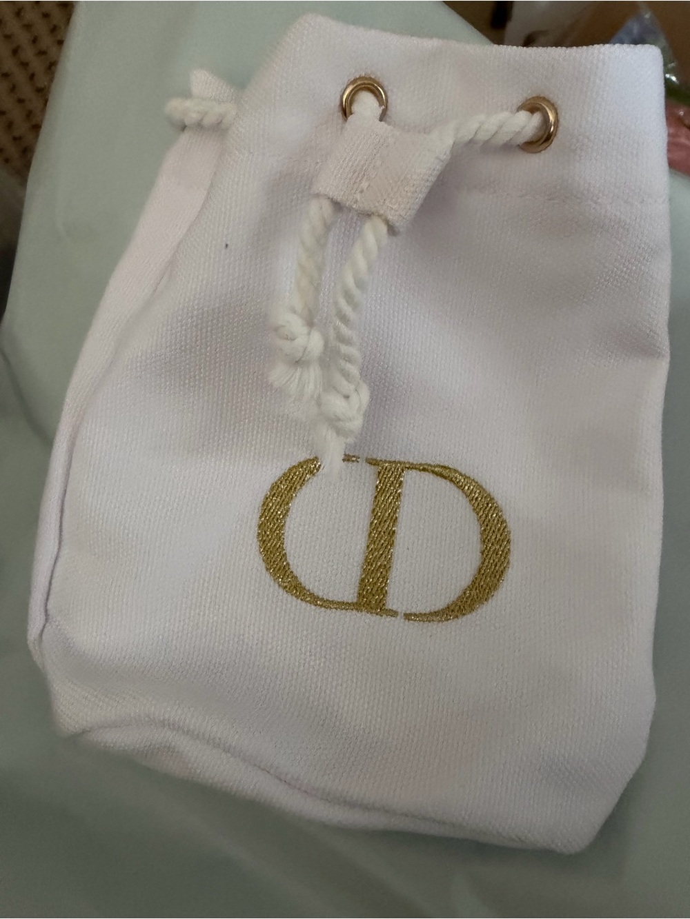 Dior Mini Drawstring Bucket Bag in White with Gold Logo